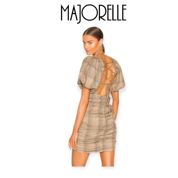Revolve Majorelle tan plaid puff sleeve lace-up Darlene Mini Dress size S EUC - Picture 1 of 12